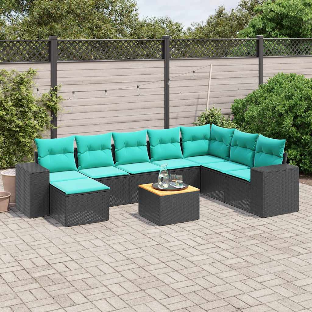 9-teiliges Gartensofa-Set mit Kissen, schwarzes Polyrattan