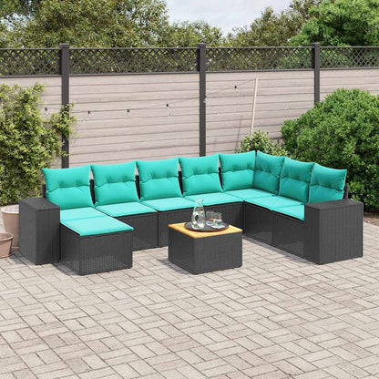 9-teiliges Gartensofa-Set mit Kissen, schwarzes Polyrattan