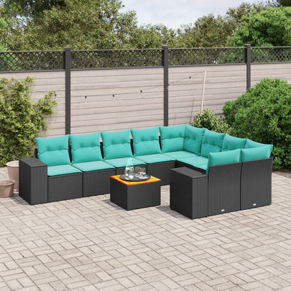 10-teiliges Gartensofa-Set mit Kissen, schwarzes Polyrattan