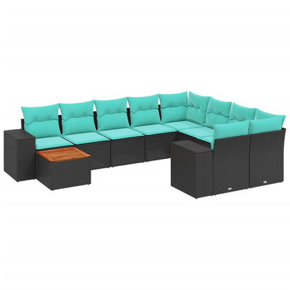 10-teiliges Gartensofa-Set mit Kissen, schwarzes Polyrattan