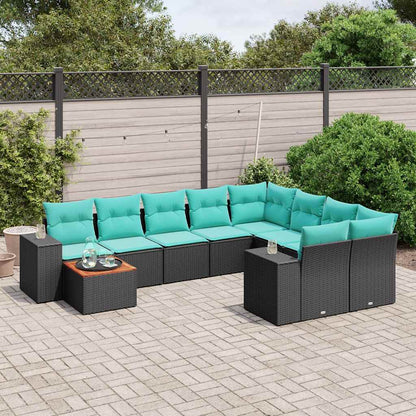 10-teiliges Gartensofa-Set mit Kissen, schwarzes Polyrattan