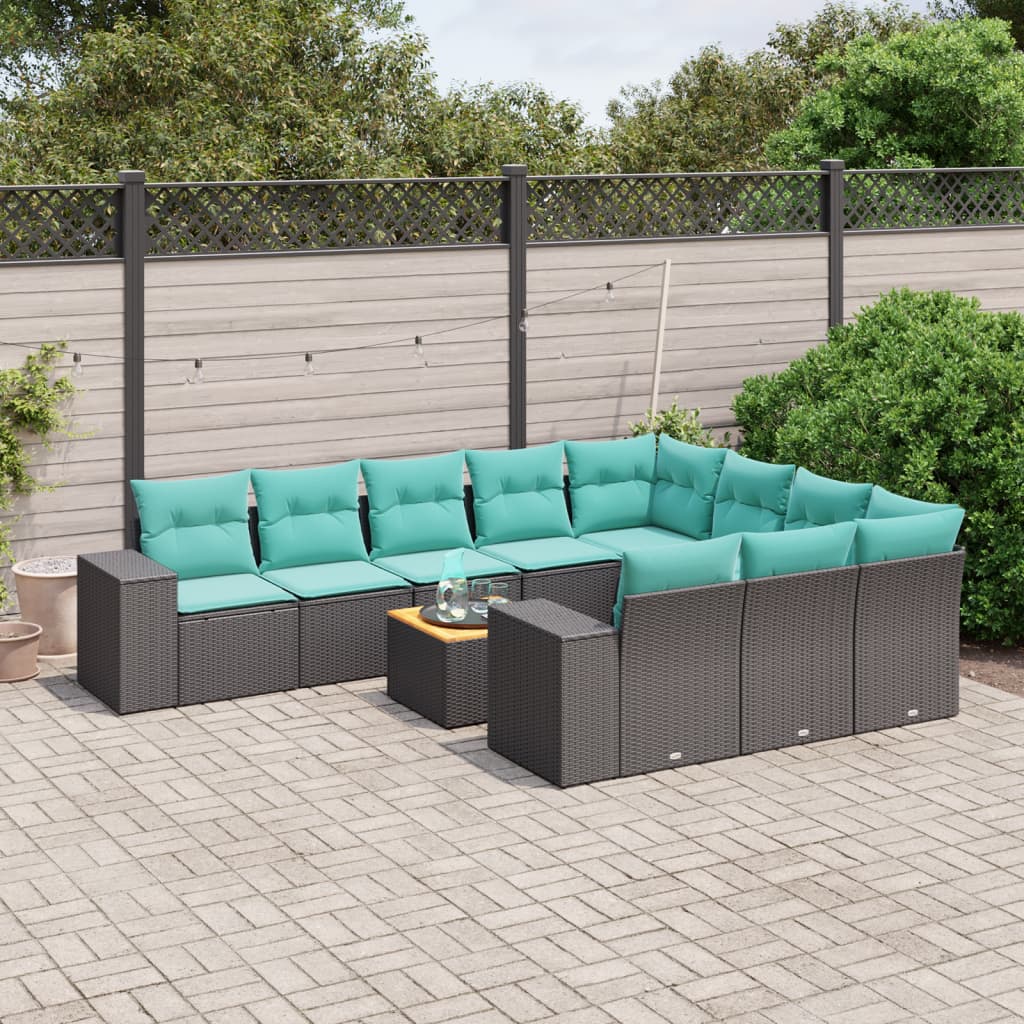 11-teiliges Gartensofa-Set mit Kissen, schwarzes Polyrattan