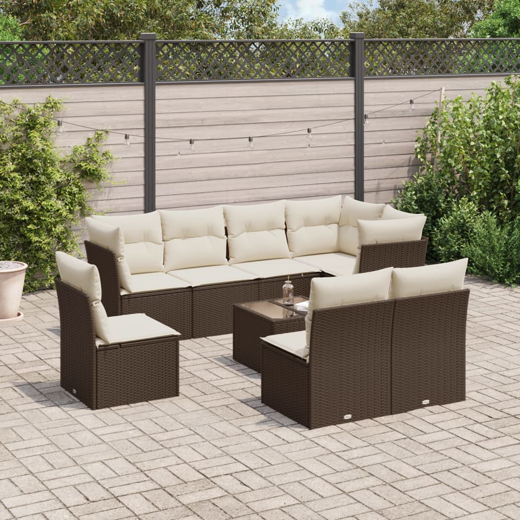 9-tlg. Garten-Sofagarnitur mit Kissen Braun Poly Rattan