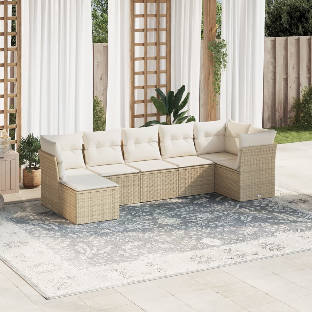 7-tlg. Garten-Sofagarnitur mit Kissen Beige Poly Rattan