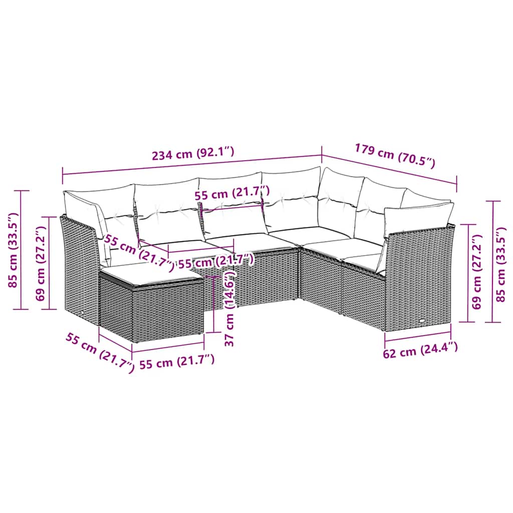 7-tlg. Garten-Sofagarnitur mit Kissen Schwarz Poly Rattan