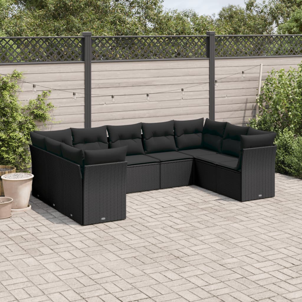9-tlg. Garten-Sofagarnitur mit Kissen Schwarz Poly Rattan