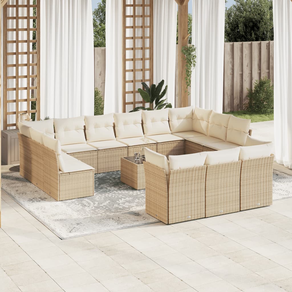 14-tlg. Garten-Sofagarnitur mit Kissen Beige Poly Rattan