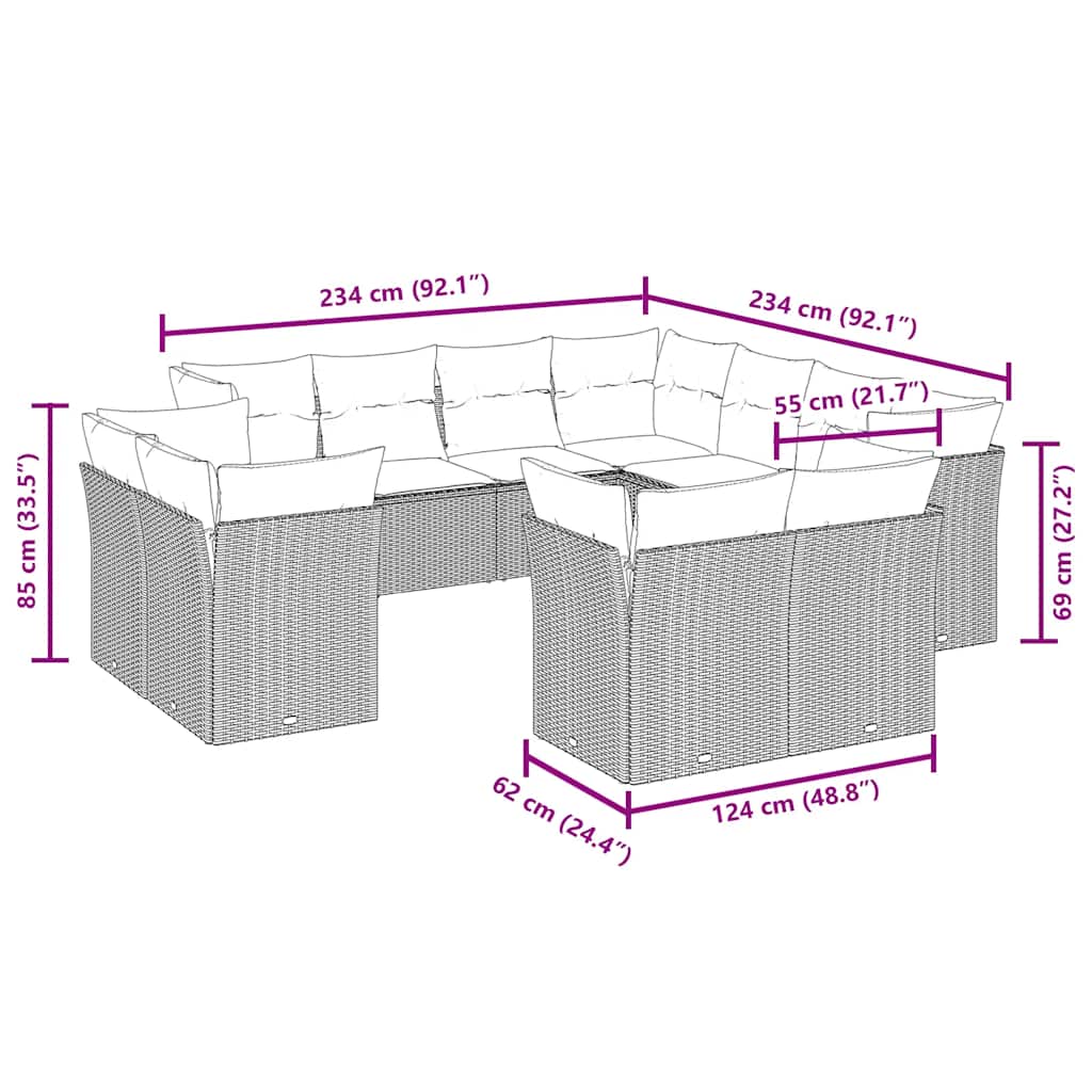 11-tlg. Garten-Sofagarnitur mit Kissen Schwarz Poly Rattan