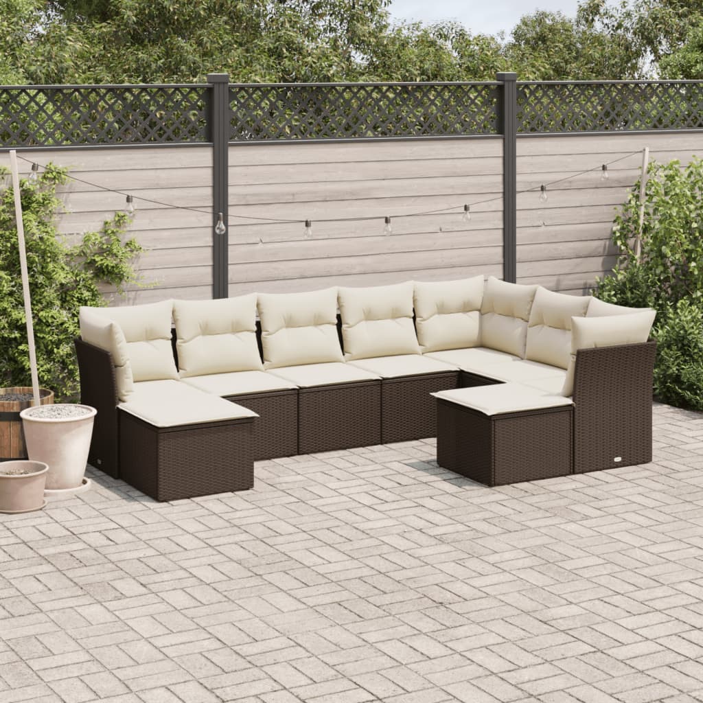 9-tlg. Garten-Sofagarnitur mit Kissen Braun Poly Rattan