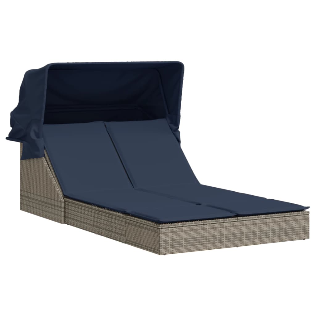 Doppelte Sonnenliege mit Baldachin und Kissen, grau, Polyrattan