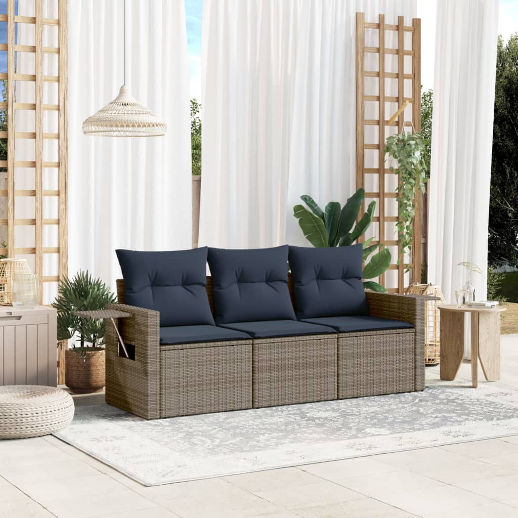 3-teiliges Gartensofa-Set mit Kissen, grau, Polyrattan