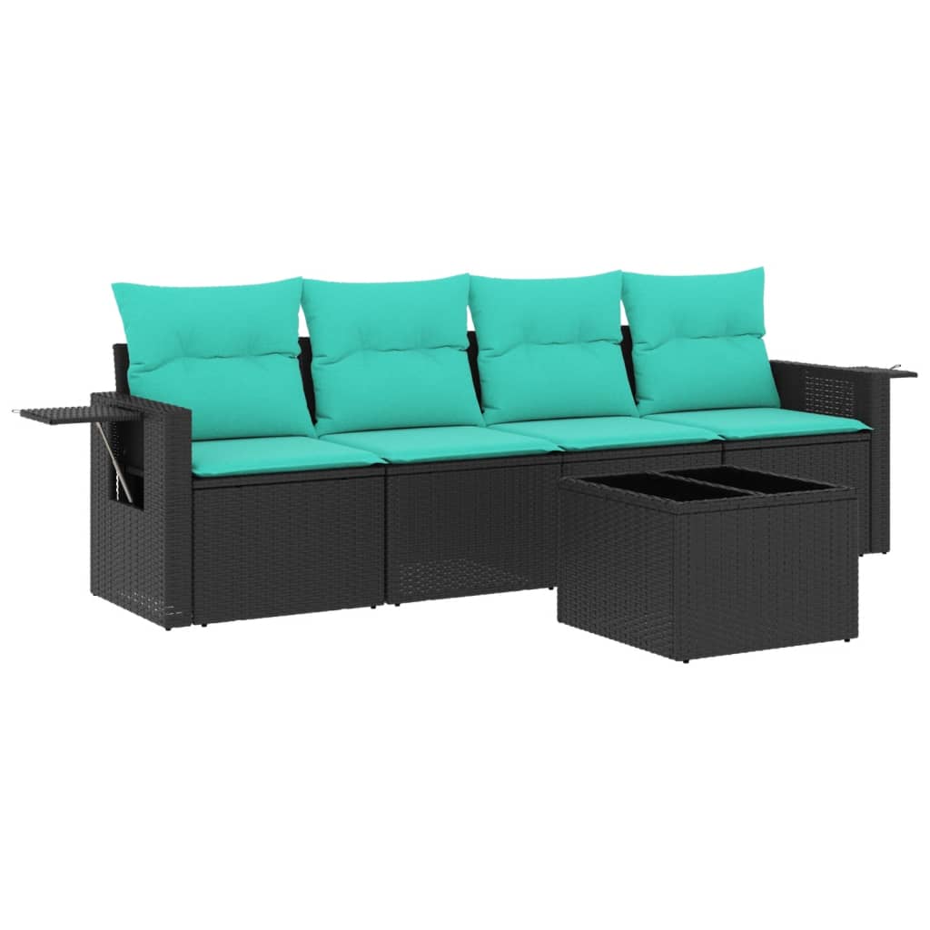 5-teiliges Gartensofa-Set mit Kissen, schwarzes Polyrattan