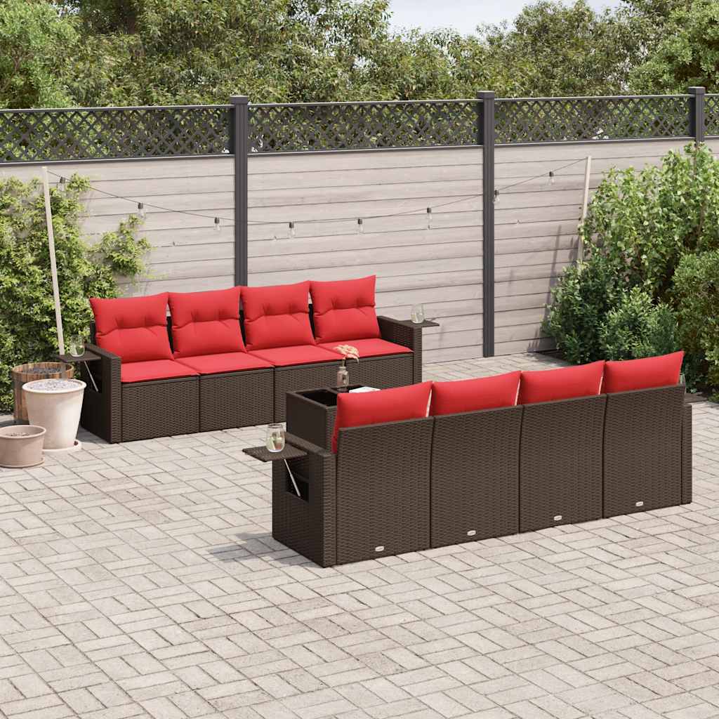 9-teiliges Gartensofa-Set mit Kissen, braun, Polyrattan
