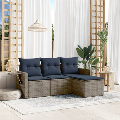 4-teiliges Gartensofa-Set mit Kissen, grau, Polyrattan