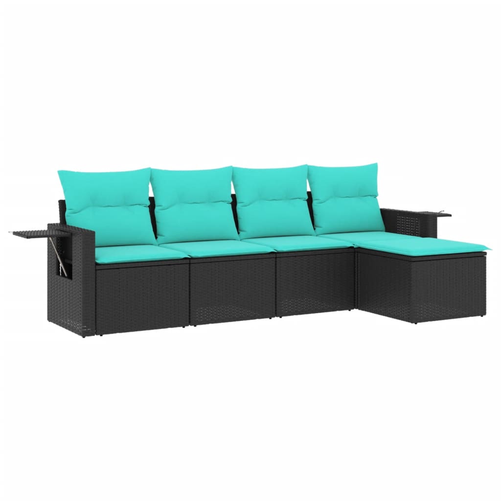5-teiliges Gartensofa-Set mit Kissen, schwarzes Polyrattan