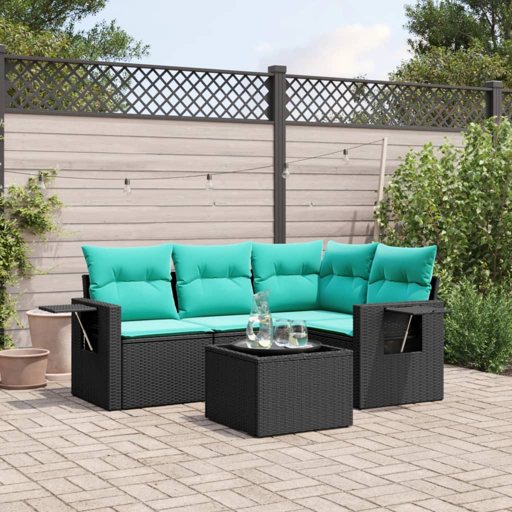 5-teiliges Gartensofa-Set mit Kissen, schwarzes Polyrattan