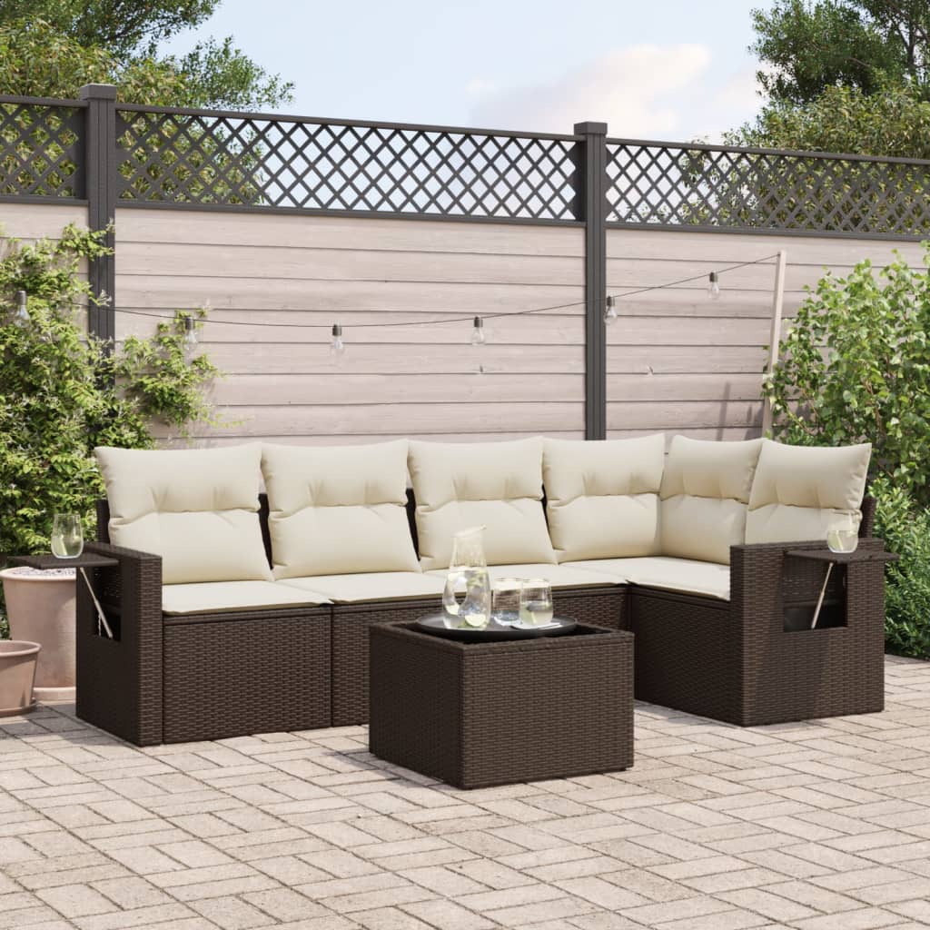 6-tlg. Garten-Sofagarnitur mit Kissen Braun Poly Rattan