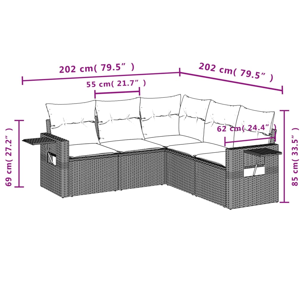 5-teiliges Gartensofa-Set mit Kissen, grau, Polyrattan