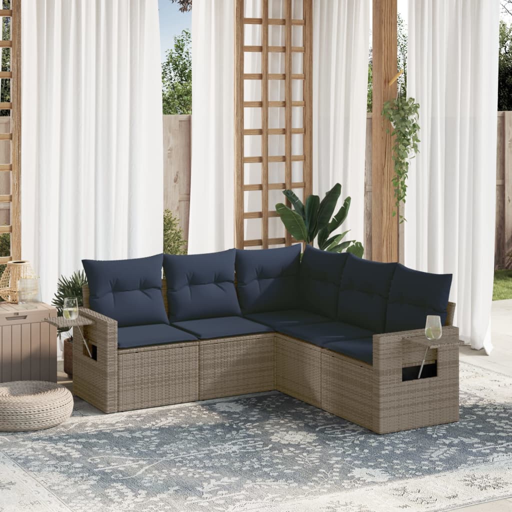 5-teiliges Gartensofa-Set mit Kissen, grau, Polyrattan