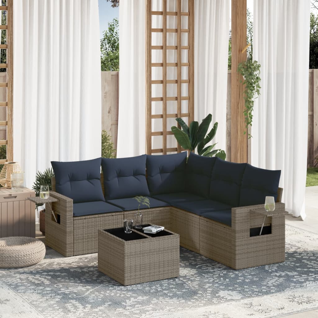 6-teiliges Gartensofa-Set mit Kissen, grau, Polyrattan