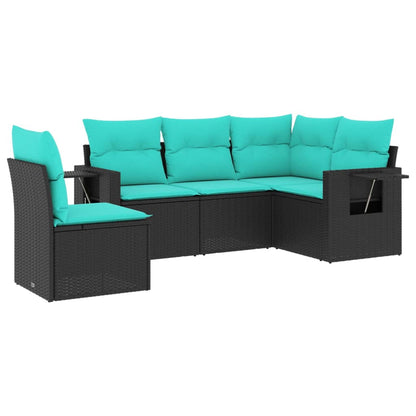 5-teiliges Gartensofa-Set mit Kissen, schwarzes Polyrattan