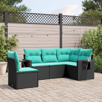 5-teiliges Gartensofa-Set mit Kissen, schwarzes Polyrattan