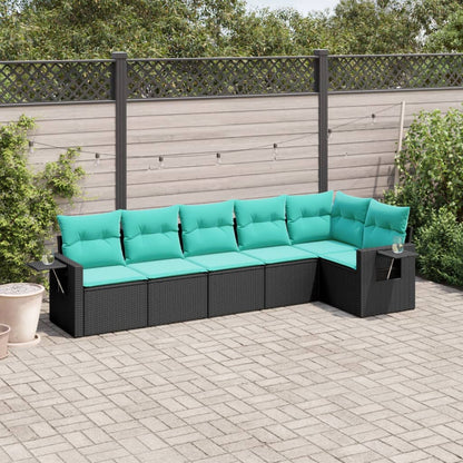 6-teiliges Gartensofa-Set mit Kissen, schwarzes Polyrattan