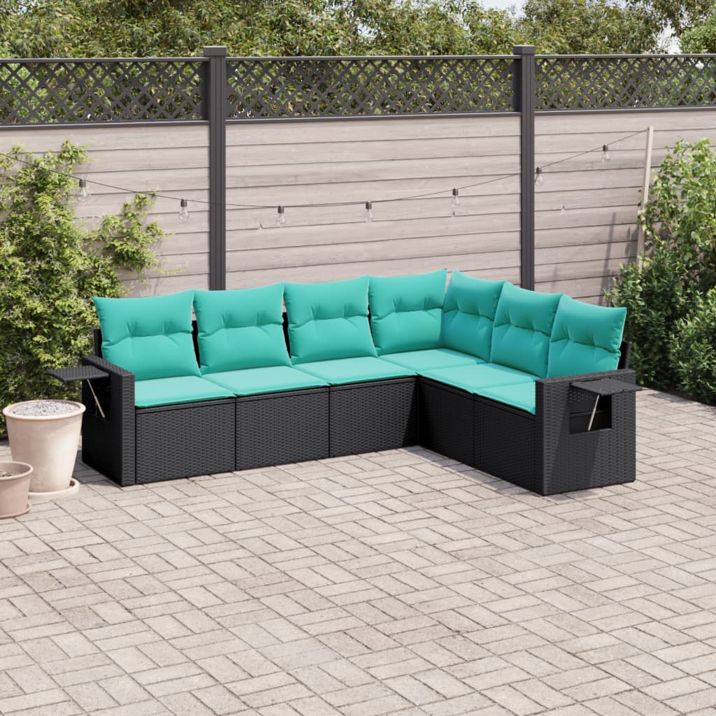 6-teiliges Gartensofa-Set mit Kissen, schwarzes Polyrattan