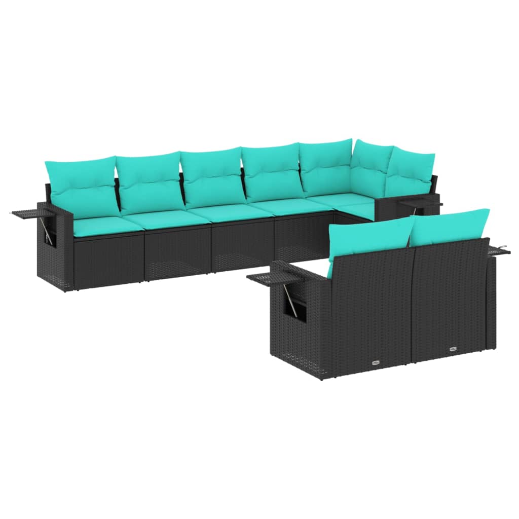 8-teiliges Gartensofa-Set mit Kissen, schwarzes Polyrattan