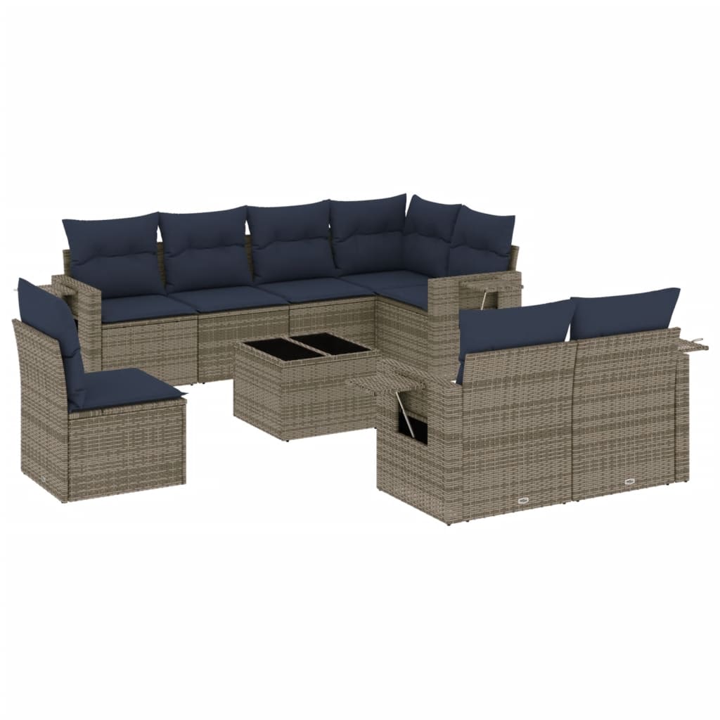 9-teiliges Gartensofa-Set mit Kissen, grau, Polyrattan
