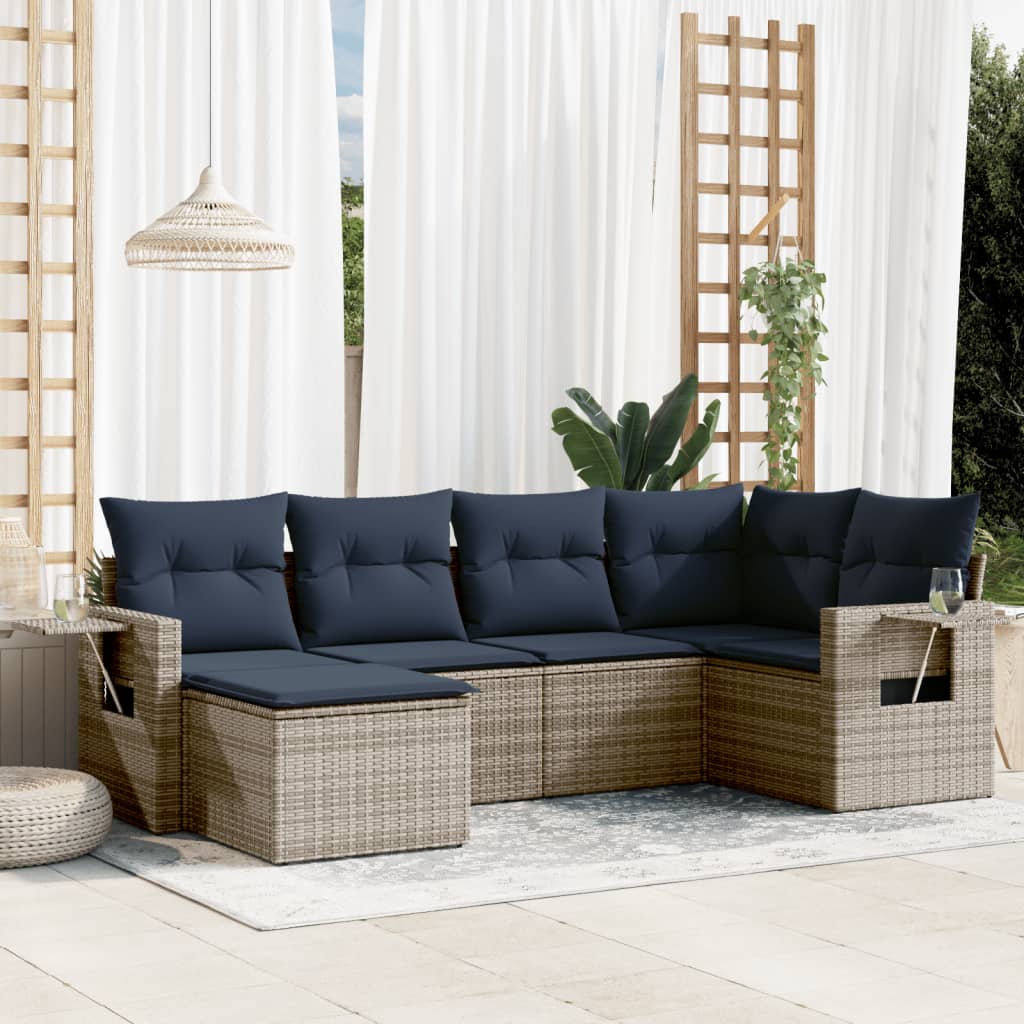 6-teiliges Gartensofa-Set mit Kissen, grau, Polyrattan