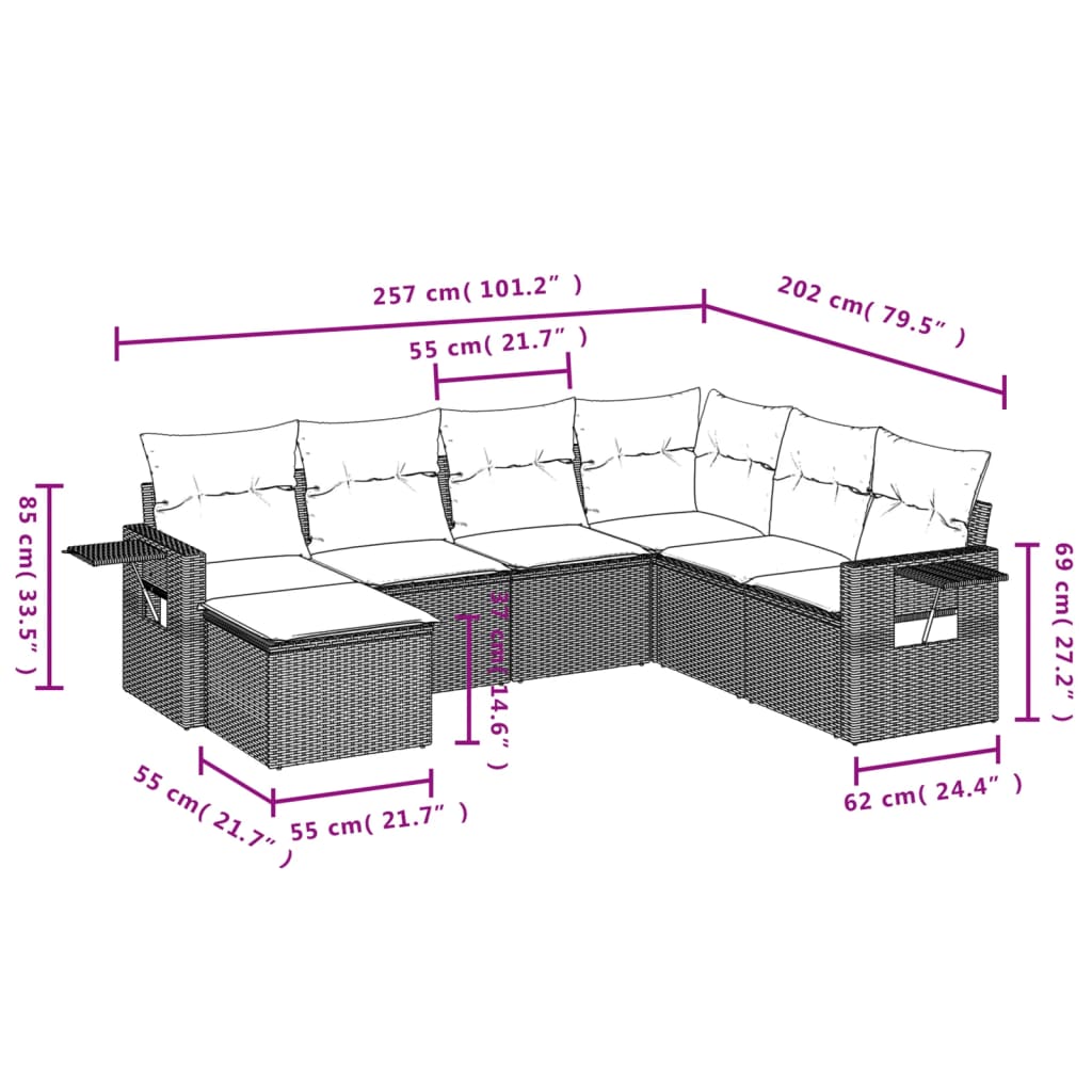 7-teiliges Gartensofa-Set mit Kissen, braun, Polyrattan