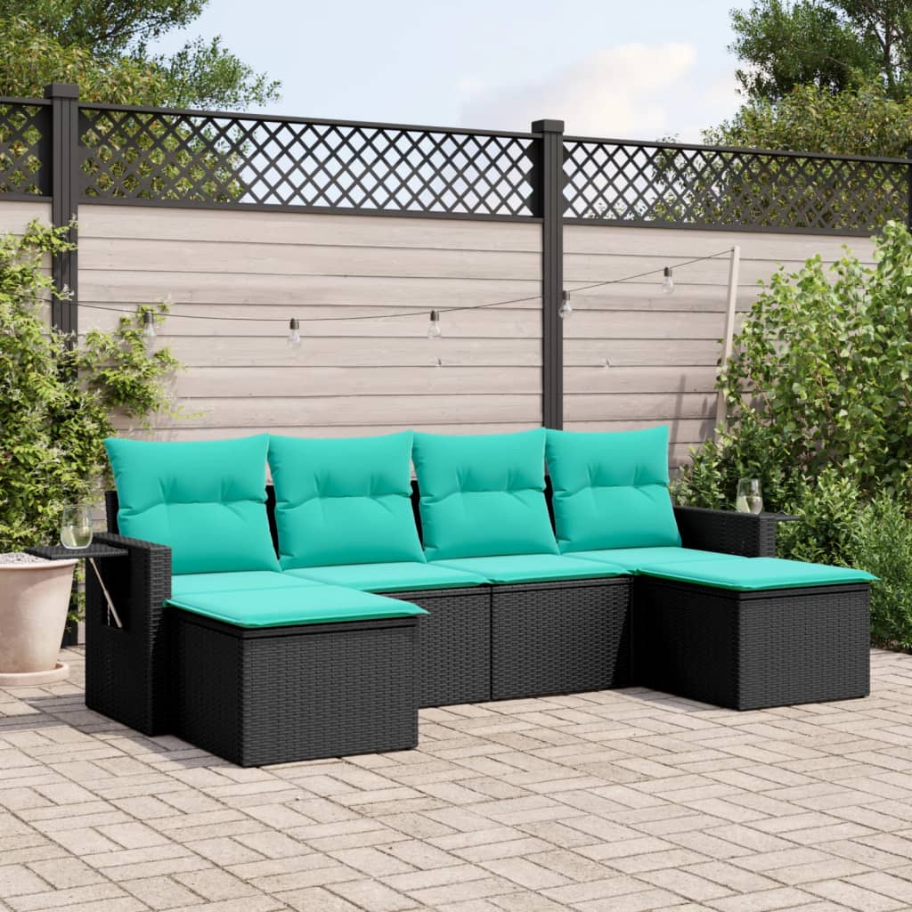 6-teiliges Gartensofa-Set mit Kissen, schwarzes Polyrattan
