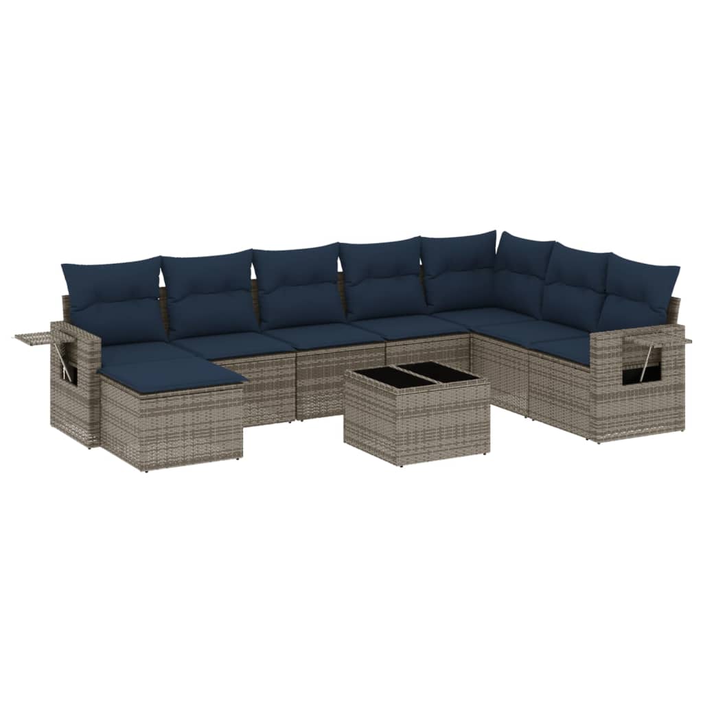 9-teiliges Gartensofa-Set mit Kissen, grau, Polyrattan