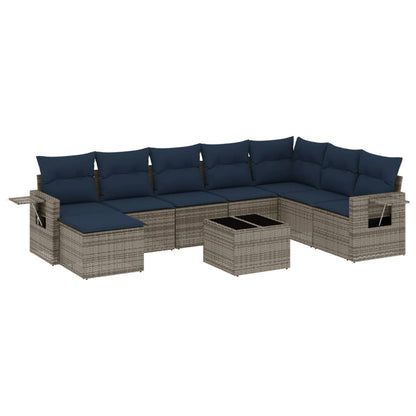 9-teiliges Gartensofa-Set mit Kissen, grau, Polyrattan
