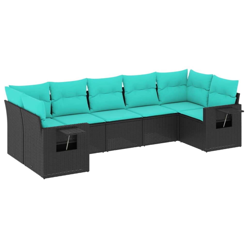 7-teiliges Gartensofa-Set mit Kissen, schwarzes Polyrattan