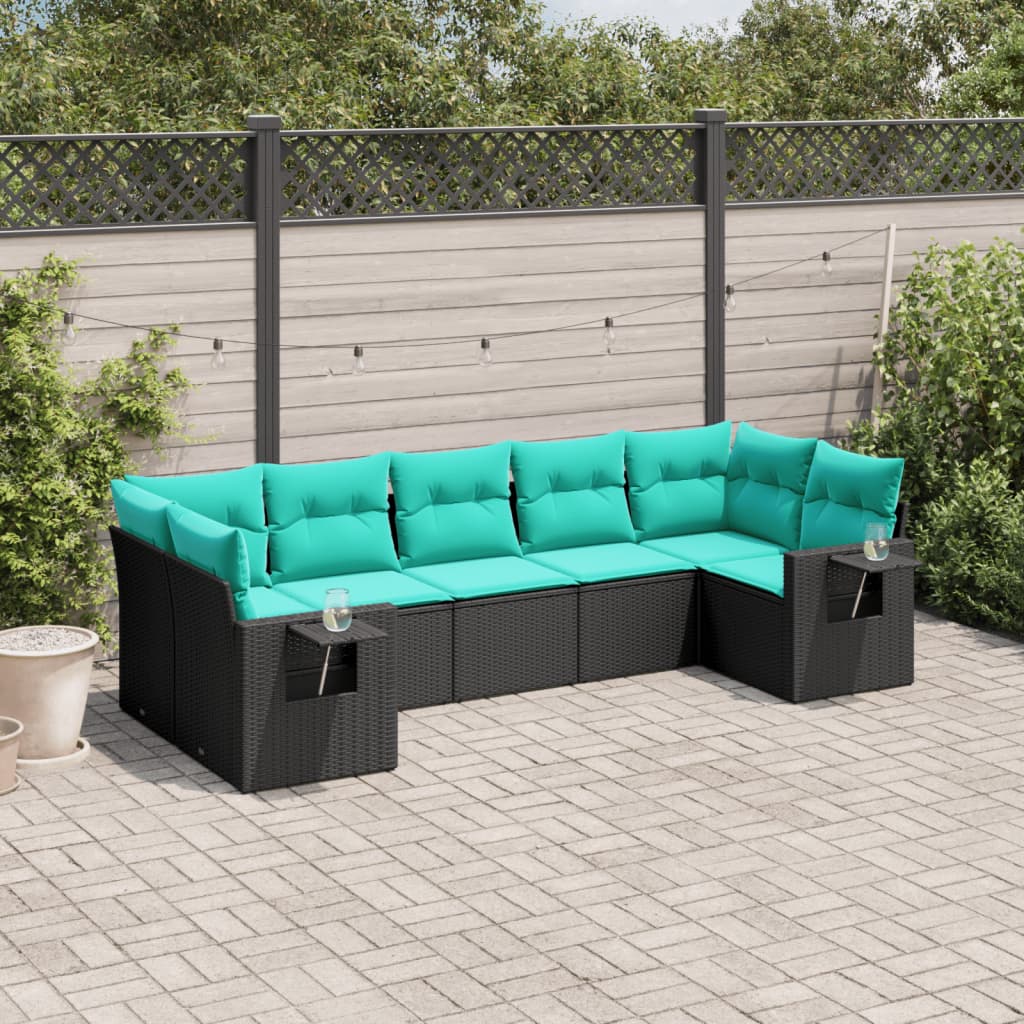 7-teiliges Gartensofa-Set mit Kissen, schwarzes Polyrattan