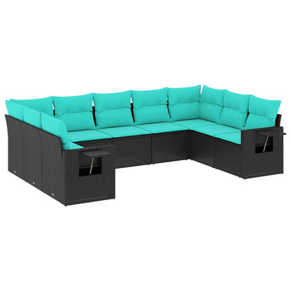 9-teiliges Gartensofa-Set mit Kissen, schwarzes Polyrattan