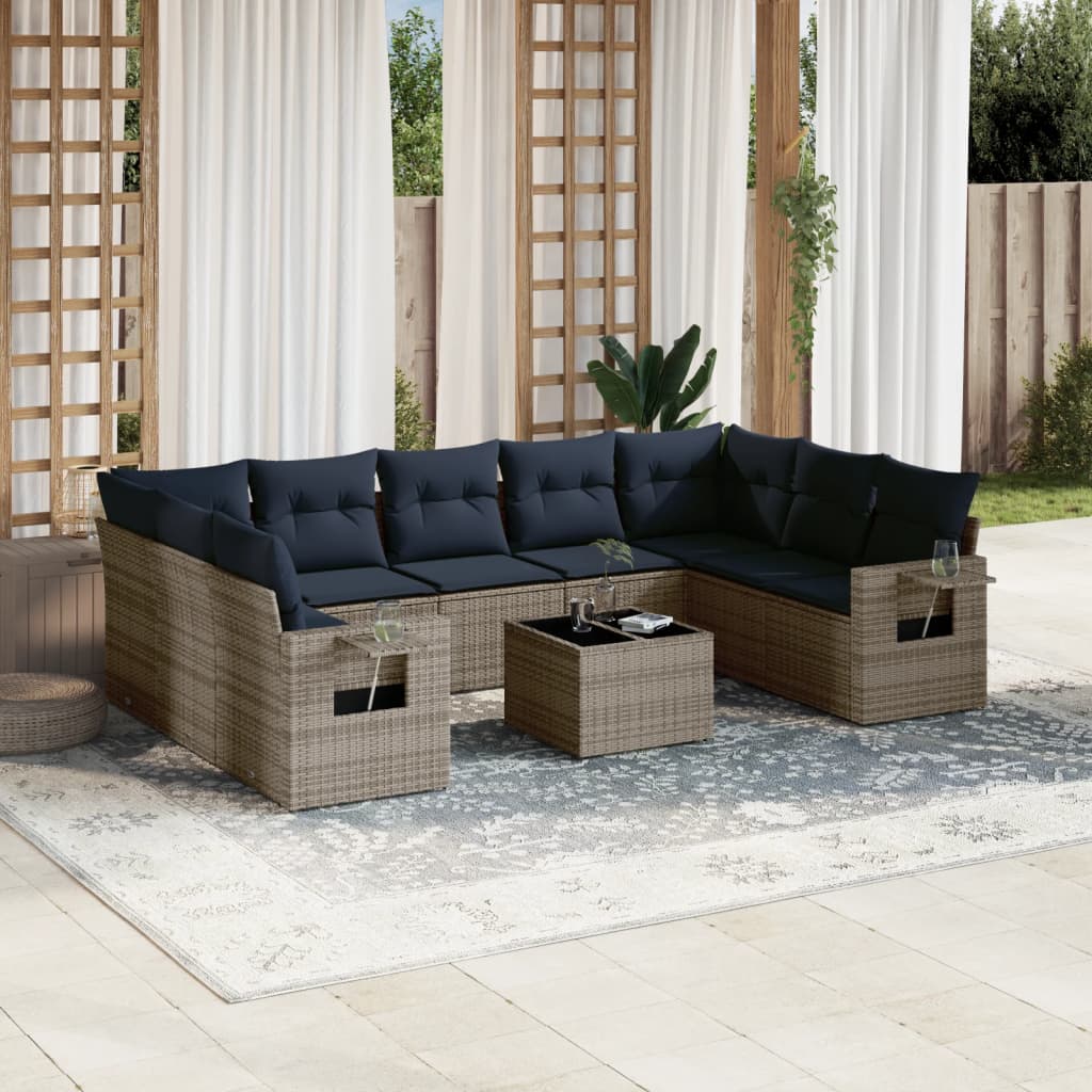 10-teiliges Gartensofa-Set mit Kissen, grau, Polyrattan
