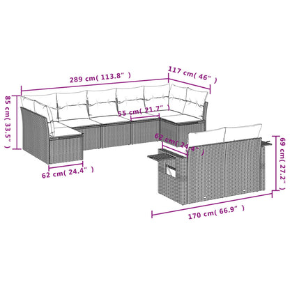 9-teiliges Gartensofa-Set mit Kissen, schwarzes Polyrattan