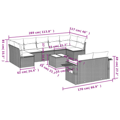 10-teiliges Gartensofa-Set mit Kissen, schwarzes Polyrattan