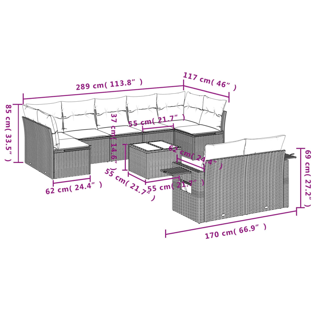 10-teiliges Gartensofa-Set mit Kissen, grau, Polyrattan