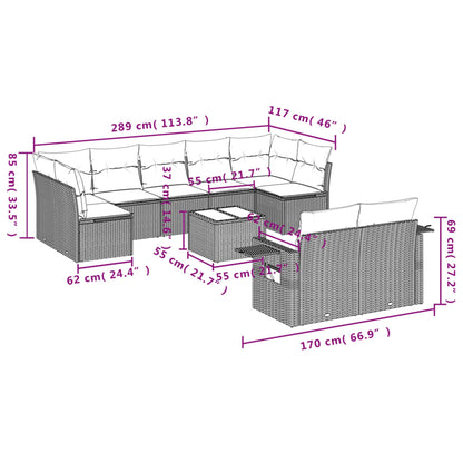 10-teiliges Gartensofa-Set mit Kissen, grau, Polyrattan