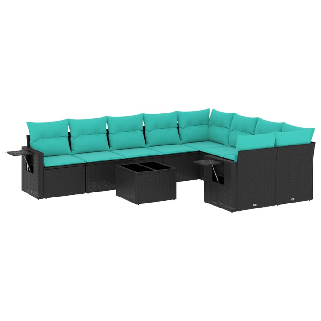 10-teiliges Gartensofa-Set mit Kissen, schwarzes Polyrattan