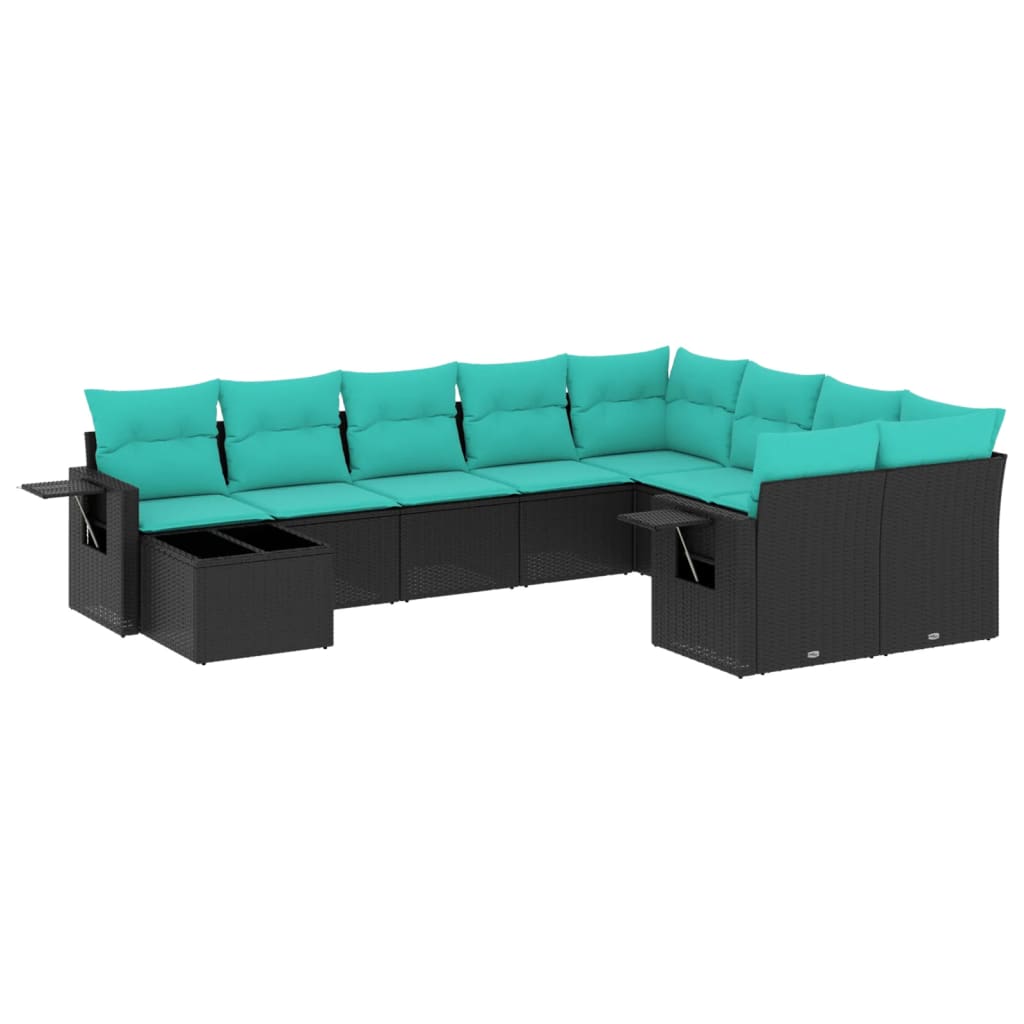 10-teiliges Gartensofa-Set mit Kissen, schwarzes Polyrattan