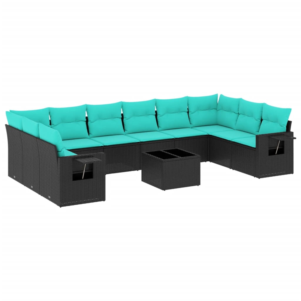 11-teiliges Gartensofa-Set mit Kissen, schwarzes Polyrattan