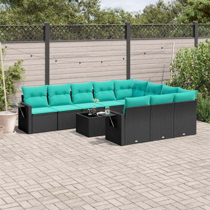 11-teiliges Gartensofa-Set mit Kissen, schwarzes Polyrattan