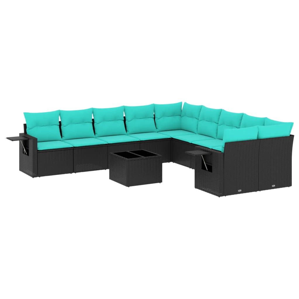 11-teiliges Gartensofa-Set mit Kissen, schwarzes Polyrattan