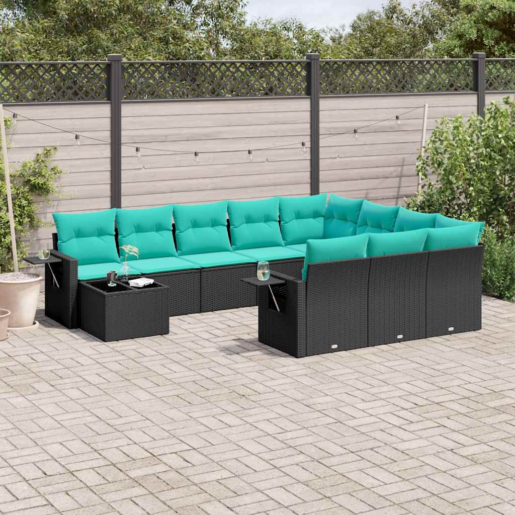 11-teiliges Gartensofa-Set mit Kissen, schwarzes Polyrattan
