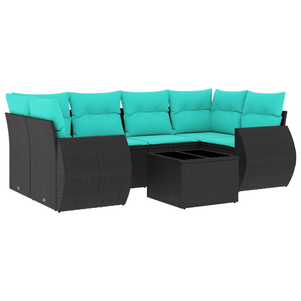 7-teiliges Gartensofa-Set mit Kissen, schwarzes Polyrattan